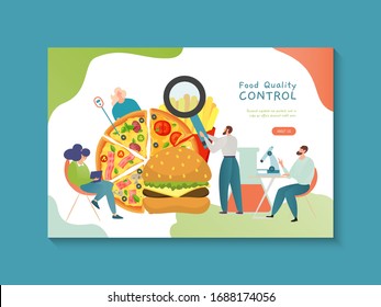 Food control quality vector illustration. Cartoon tiny man woman character checking fastfood with magnifier or microscope in lab, flat happy people doing analysis, quality test technology landing page