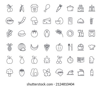 Food and cook icons set. Collection of thin images food, drinks and utensils isolated vector illustration