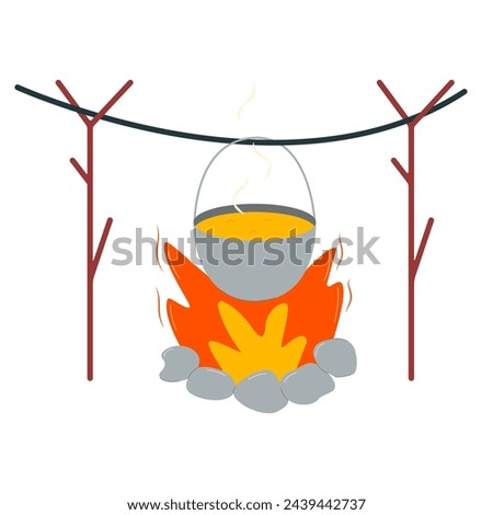Food cooked over a fire in a cauldron. Food on the hike. Vector illustration