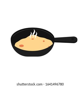 Food is cooked in a pan. Hot dish with steam. Pancake baked in a pan. Vector flat cartoon illustration. Concept: cooking, baking pancakes, pancake day, maslenitsa, fat Tuesday, breakfast.