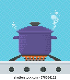 Food is Cooked in a Pot on a Gas Stove - Vector Illustration in Pixel Art Classical Technique