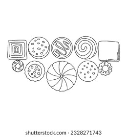 food, cookie, illustration, vector, snack, sweet, isolated, dessert, biscuit, chocolate, set, sugar, bakery, white, tasty, pastry, eat, background, delicious hand drawn doodle illustrations vector set