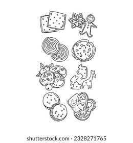 food, cookie, illustration, vector, snack, sweet, isolated, dessert, biscuit, chocolate, set, sugar, bakery, white, tasty, pastry, eat, background, delicious hand drawn doodle illustrations vector set