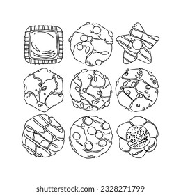 food, cookie, illustration, vector, snack, sweet, isolated, dessert, biscuit, chocolate, set, sugar, bakery, white, tasty, pastry, eat, background, delicious hand drawn doodle illustrations vector set