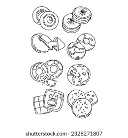 comida, galleta, ilustración, vector, bocadillo, dulce, aislado, postre, galleta, chocolate, set, azúcar, panadería, blanco, sabroso, pastelería, comer, fondo, deliciosas ilustraciones de doodle dibujadas a mano conjunto vectorial