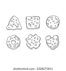 food, cookie, illustration, vector, snack, sweet, isolated, dessert, biscuit, chocolate, set, sugar, bakery, white, tasty, pastry, eat, background, delicious hand drawn doodle illustrations vector set