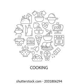 Food cooking abstract linear concept layout with headline. Serve dish in restaurant. Culinary minimalistic idea. Thin line graphic drawings. Isolated vector contour icons for background