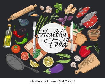 Food cooking background vector set collection mixed. Dishes, vegetables, spices.
