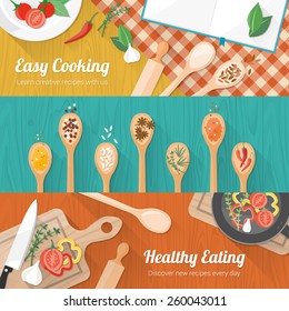 Food And Cooking Banner Set With Kitchenware Utensils, Spices And Vegetables On Wooden Table Worktop