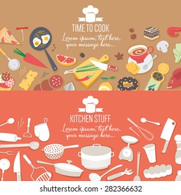 Food and cooking banner set with kitchenware utensils