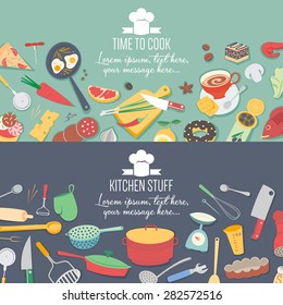 Food And Cooking Banner Set With Kitchenware Utensils