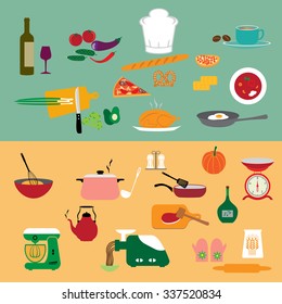 Food and cooking banner set with kitchenware utensils, spices and vegetables  . Vector illustration.