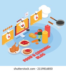 Food and cooking blog or vlogger isometric 3d vector illustration concept for banner, website, landing page, ads, flyer template