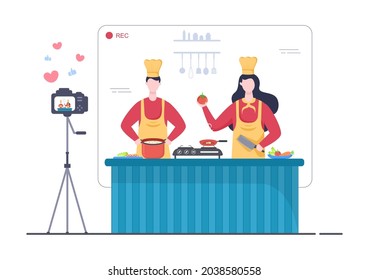 Fondo de blogger de cocina de comida crea creador de contenido sobre hacer buena comida en la cocina en casa Vector de diseño plano Ilustración