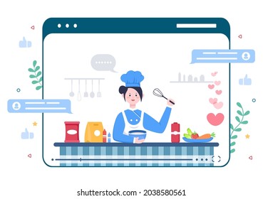 Food Cooking Blogger Background Create Content Creator About Making Good Food in the Kitchen at Home Flat Design Vector Illustration