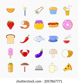 Food and Cooking colored icon set. Flat Vector illustration line icons set for mobile, web and menu design. Food concept