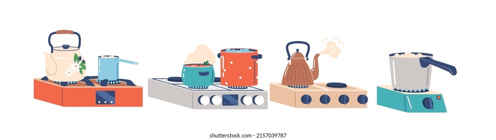 Food Cooking Concept with Set of Tableware Stand on Oven. Steaming Saucepans, Hot Pots or Kettles Kitchenware Stand on Gas Stove on Kitchen Isolated on White Background. Cartoon Vector Illustration