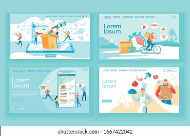 Food Cooking and Delivery Web Page Template Set. Seafood Pizza Preparing Banner Vector Layouts Pack. Chinese Noodles Restaurant Takeaway Order Cartoon Illustration on White Background