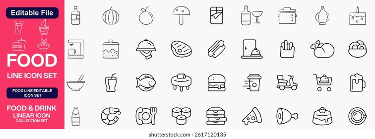 Food, Cooking and Drinks linear icon collection. Big set Food, Cooking and Drinks icons. Thin line icons collection. Vector illustration.