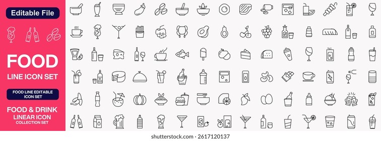 Food, Cooking and Drinks linear icon collection. Big set Food, Cooking and Drinks icons. Thin line icons collection. Vector illustration.
