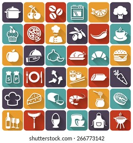 Iconos planos de comida y cocina. Conjunto de símbolos blancos para un tema culinario. Alimentos saludables y basura, frutas y verduras, especias, utensilios de cocina y más. Colección vectorial de elementos de diseño de silueta.