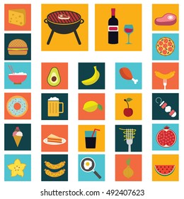 Food and cooking flat icons. Set of white symbols for a culinary theme. Healthy and junk food, fruit and vegetables, spices, cooking utensils and more