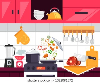 Food cooking frying vegetable on modern kitchen interior menu. Culinary household concept. Vector flat cartoon graphic design illustration