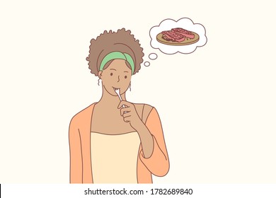 Food, cooking, hunger, thinking concept. Young pensive thoughtful african american woman or girl dreaming about meat meal with a fork in mouth is thinking. Temptation to eat in diet illustration.