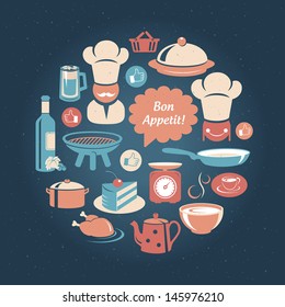 Food and cooking icons round set