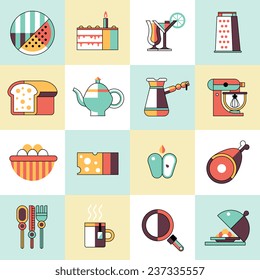 Food and cooking icons set of bread egg cake cocktail isolated vector illustration