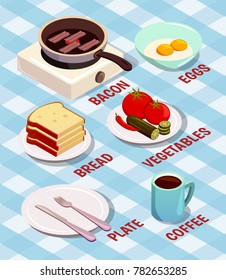 Food cooking isometric composition with bacon on frying pan, bread, eggs, coffee, plate and cutlery vector illustration 