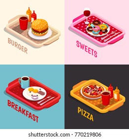 Food cooking isometric concept including platters with burger, sweets and wine, breakfast, pizza isolated vector illustration