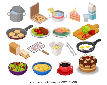 Food Cooking with Isometric Kitchenware, Culinary Equipment and Dish on Plate Big Vector Set