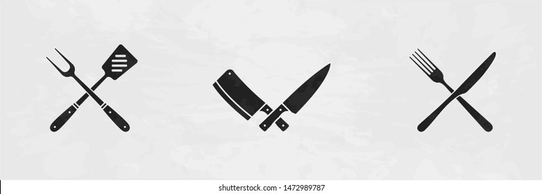 Food and cooking items set. Grill fork and spatula, butcher knives, knife and fork. Vector illustration