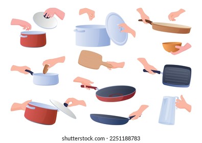 Food cooking kitchen accessories holding by man woman hand set isometric vector illustration. People arms gesture preparing meal cutlery culinary baking bowl pans wooden cutting board and jug