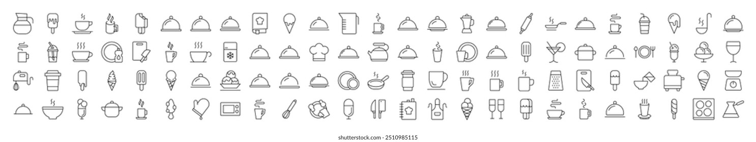 Food, Cooking and Kitchen Line Icon Collection. Modern Collection for Design, Web Sites, Apps, Cards. Contains Linear Images of Coffee, Tea, Ice Cream