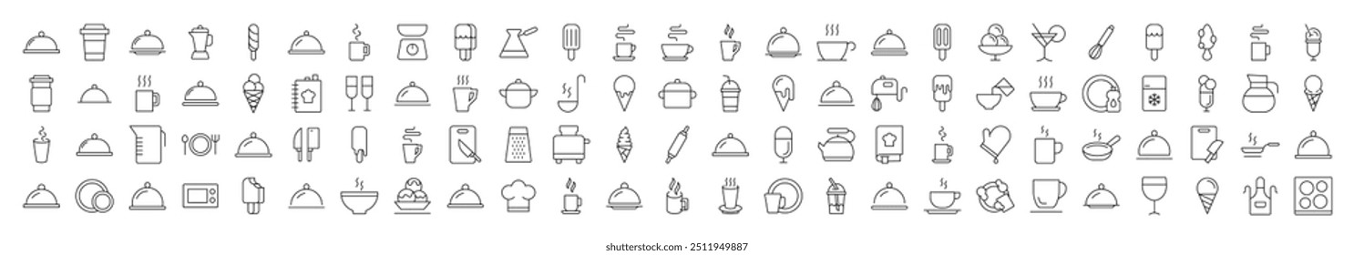 Food, Cooking and Kitchen Line Icon Set. Modern Collection for Design, Web Sites, Apps, Cards. Contains Linear Images of Coffee, Tea, Ice Cream