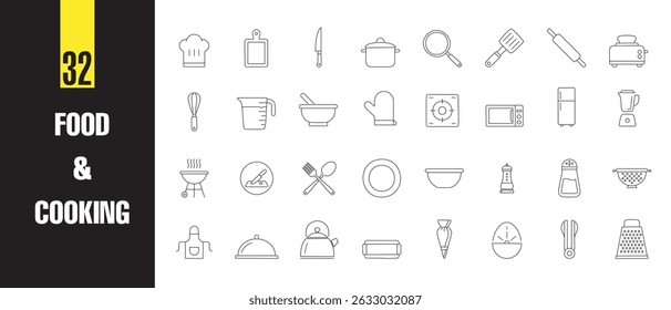 Comida e culinária Linha Ícone Conjunto Ícones Vetoriais Mínimos de Ferramentas de Cozinha, Ingredientes, Chef Elementos Restaurante Itens para Adobe Illustrator e UI Design