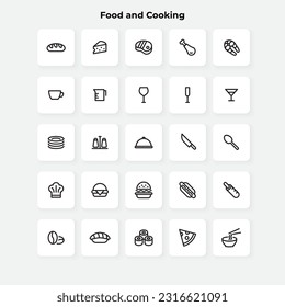 Food and cooking line icons set. Bread, cheese, fish, salmon, steak and other elements