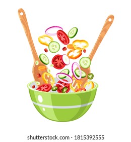 Food cooking. Making salad of raw sliced vegetables in green bowl. Kitchen utensil. Vector illustration cartoon flat icon isolated on white background.