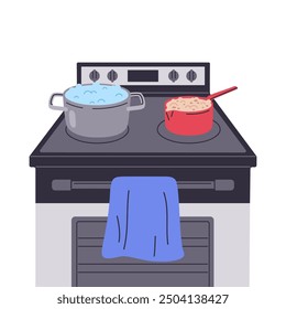 Food cooking on stove. Cartoon boiling water and porridge on electric cooker, home food preparing flat vector illustration. Breakfast and dinner cook on stove