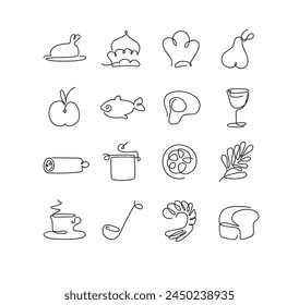 El conjunto de iconos de emblema de la señal de dibujo de una línea continua incluye el sombrero y la olla del chef. Ilustración vectorial del estilo lineal simple