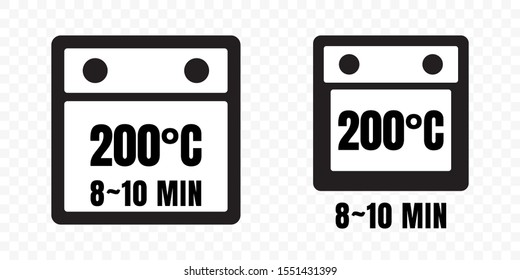 Food cooking package instruction vector label icons. Food cooking in microwave and baking in oven with temperature and time minutes recommendation