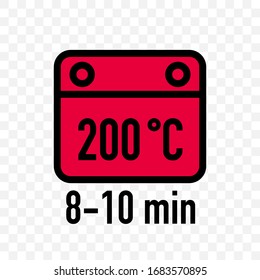 Food cooking package instruction vector label icons. Food cooking in microwave and baking in oven with temperature and time minutes recommendation