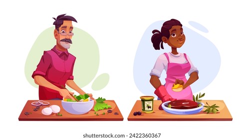 Food cooking process - cartoon vector illustration set of man and woman preparing delicious healthy meals. People demonstrate making salad and meat. Kitchen video blog course or restaurant work.