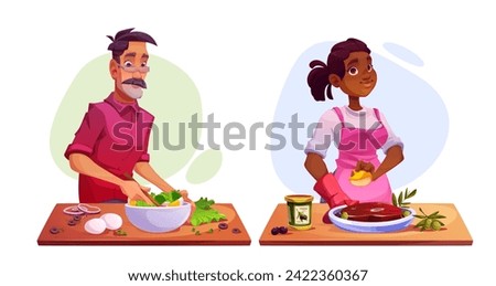Food cooking process - cartoon vector illustration set of man and woman preparing delicious healthy meals. People demonstrate making salad and meat. Kitchen video blog course or restaurant work.