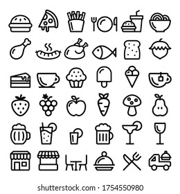 Food, cooking, pub, restaurant or cafe vector line icons - eating, drinking concept design. Black and white food stroke icons - take away, fast food, food market