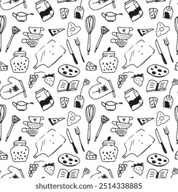 Food and cooking. Seamless pattern of outline cooking utensils. Template for Notebook covers, pattern for wallpapers, textile, wrapping paper. Doodle vector illustration. Childish naive art style