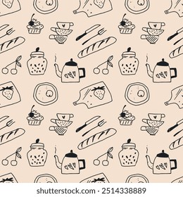 Food and cooking. Seamless pattern of outline cooking utensils. Template for Notebook covers, pattern for wallpapers, textile, wrapping paper. Doodle vector illustration. Childish naive art style