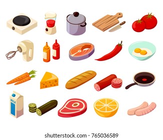 Equipo de cocina de alimentos de iconos isométricos con utensilios de cocina, equipo culinario, carnes, pescados y hortalizas ilustraciones vectoriales aisladas 